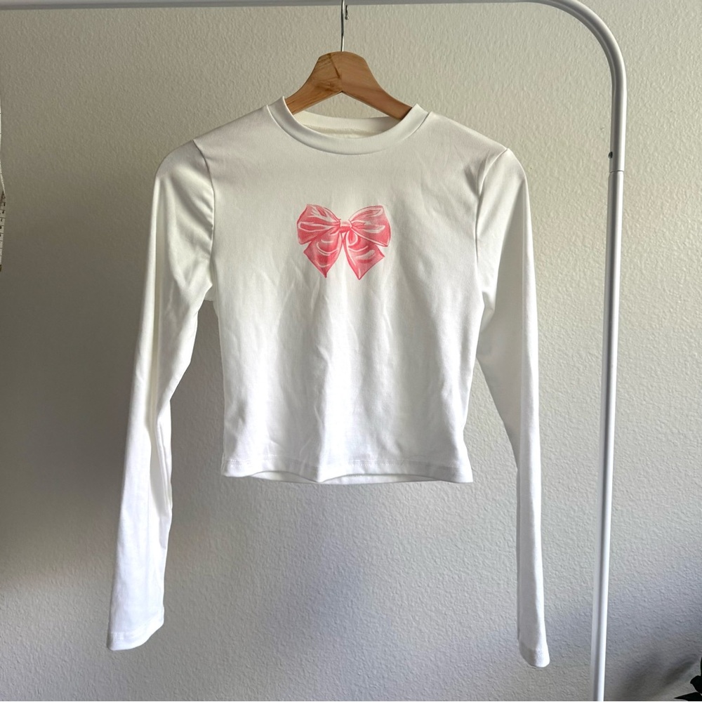 White Pink Bow Long Sleeve Baby Tee